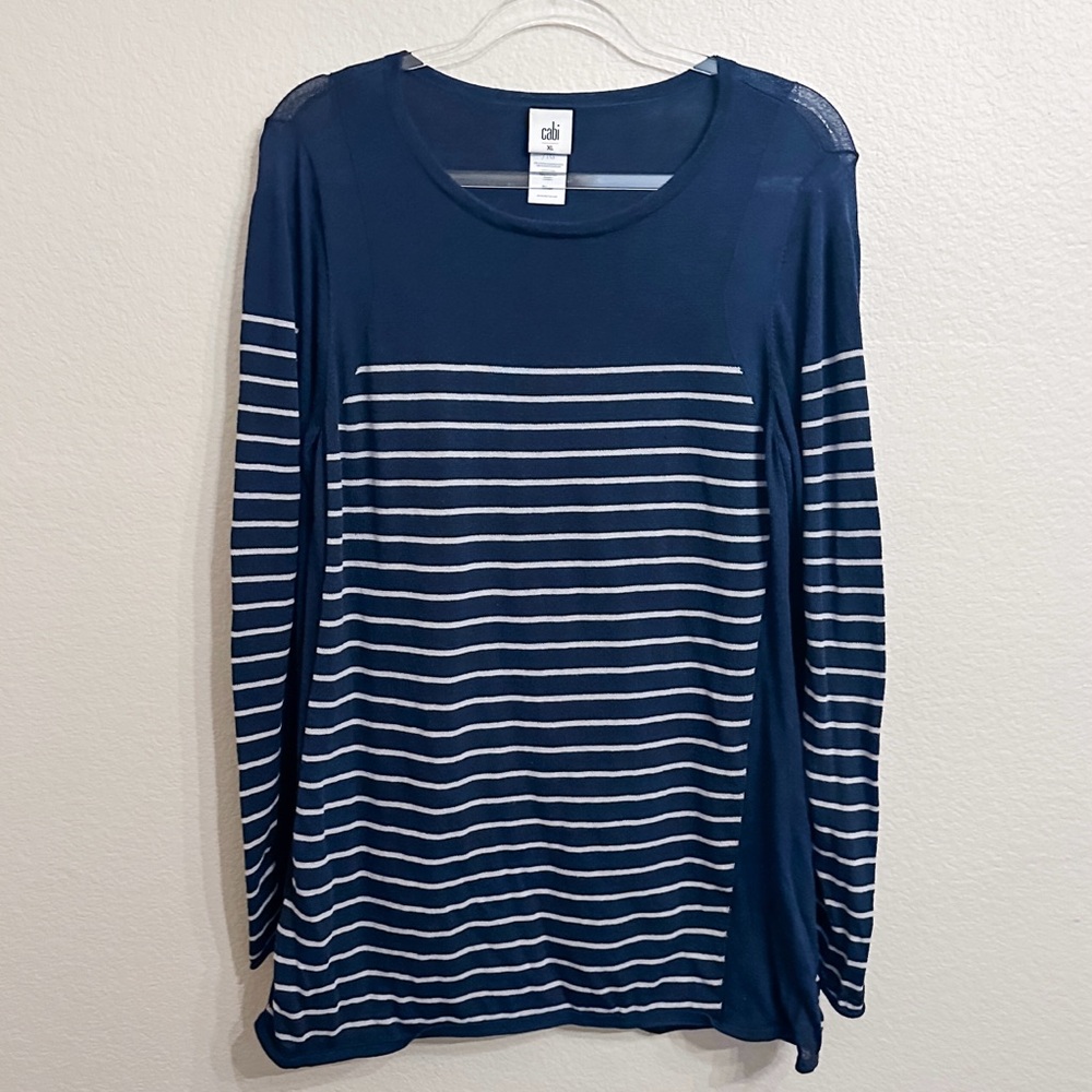 CAbi Navy and White Striped Long Sleeve Top